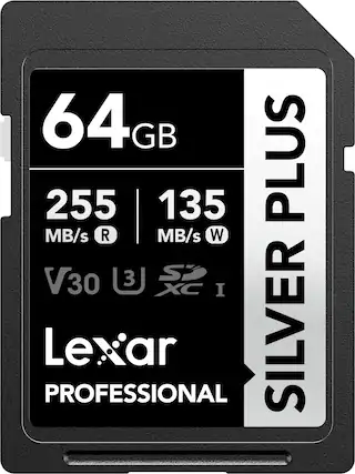 64GB
255 MB/s R
135 MB/s W
V30
U3
XC I
Lexar Professional
Silver Plus