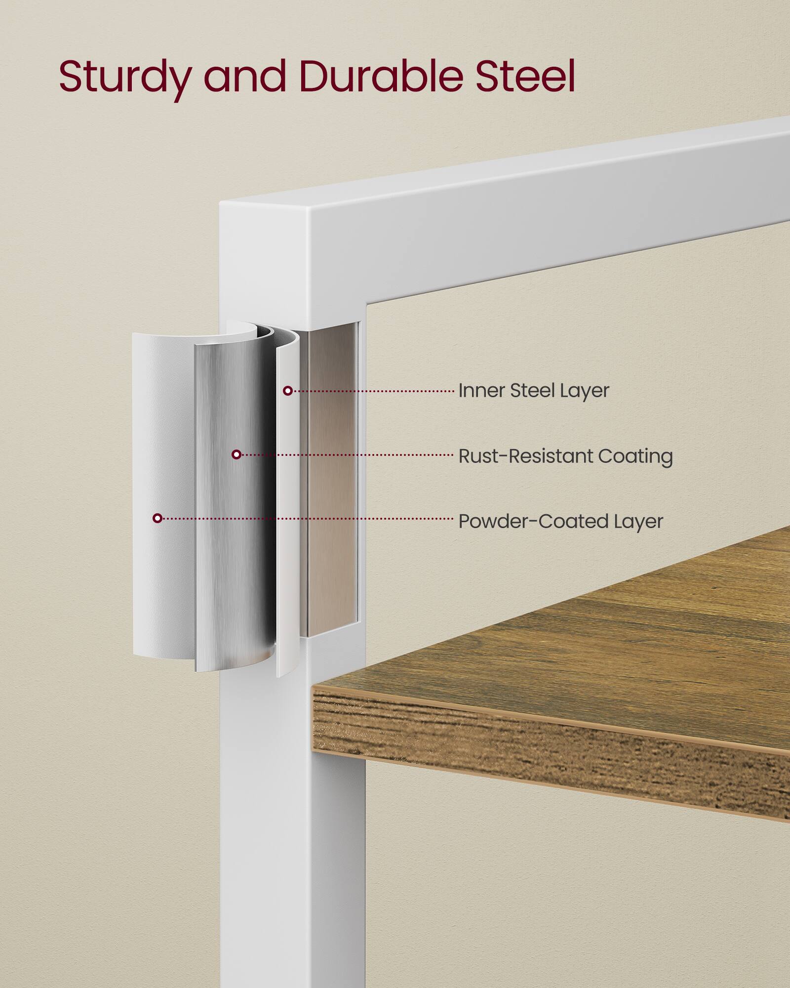 Sturdy and Durable Steel

- Inner Steel Layer
- Rust-Resistant Coating
- Powder-Coated Layer