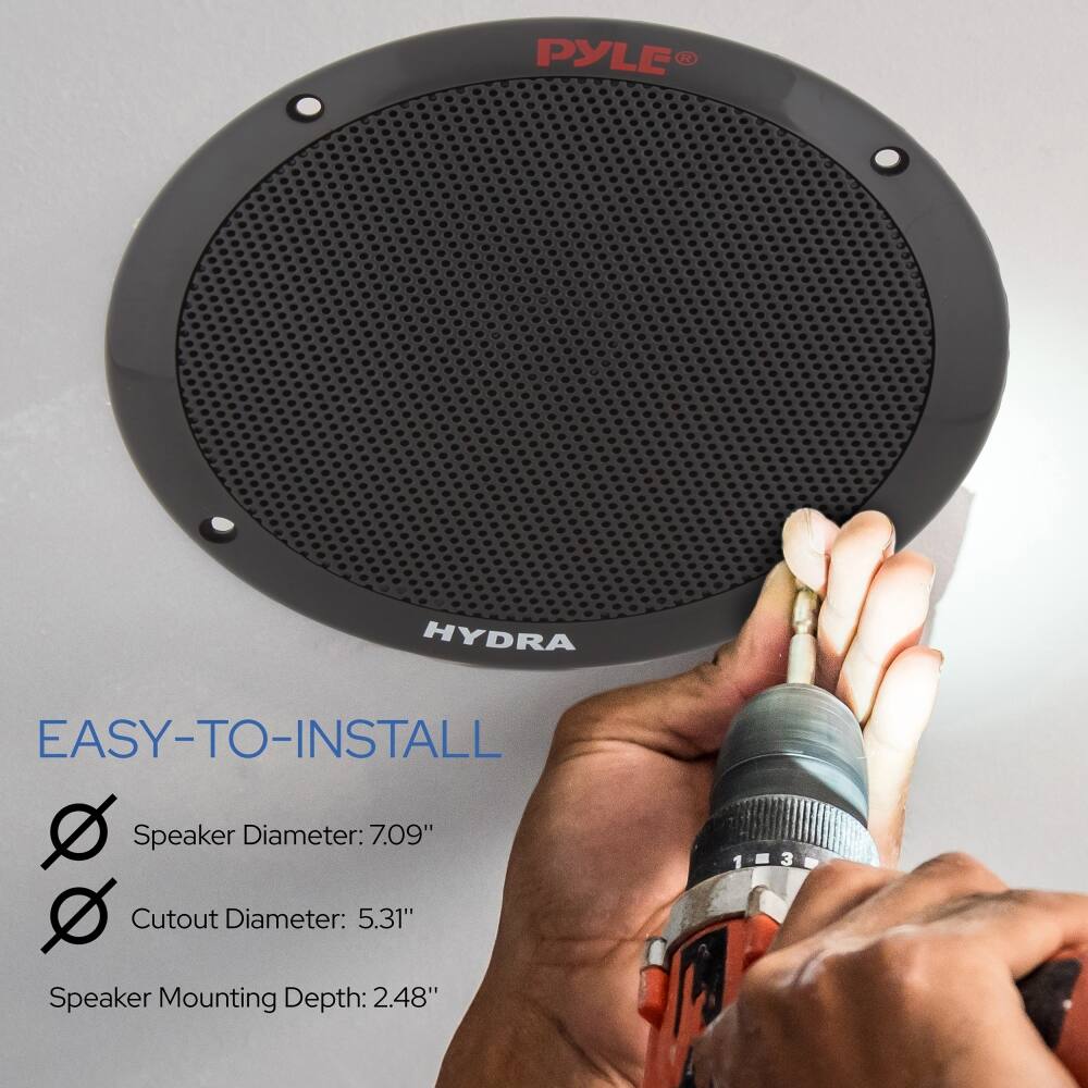 PYLE HYDRA

EASY-TO-INSTALL

- Speaker Diameter: 7.09"
- Cutout Diameter: 5.31"
- Speaker Mounting Depth: 2.48"