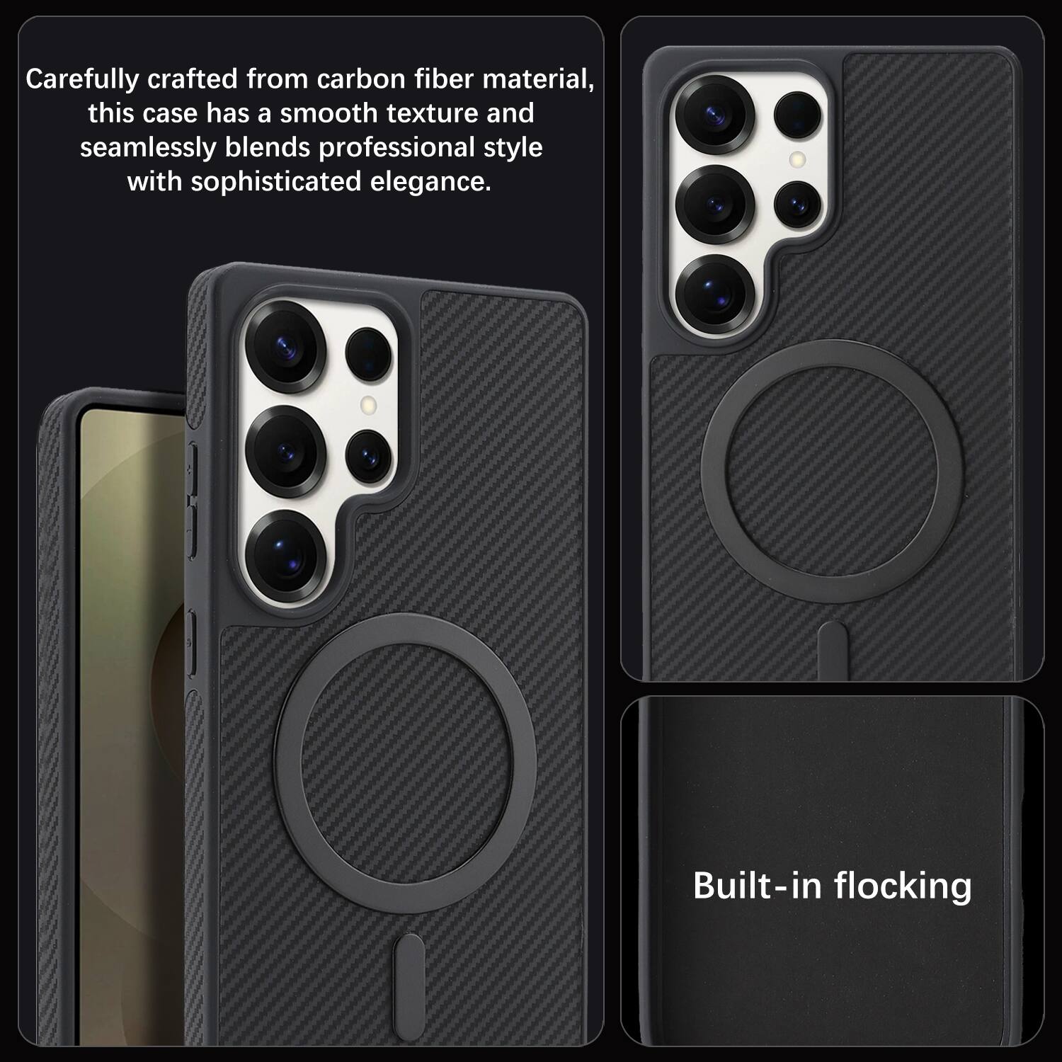 Carefully crafted from carbon fiber material, this case has a smooth texture and seamlessly blends professional style with sophisticated elegance. Built-in flocking
