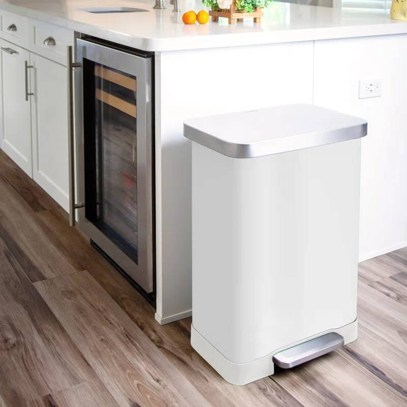 Front. Hivvago - White 20-Gallon Stainless Steel Kitchen Trash Can with Step-on Lid - White.