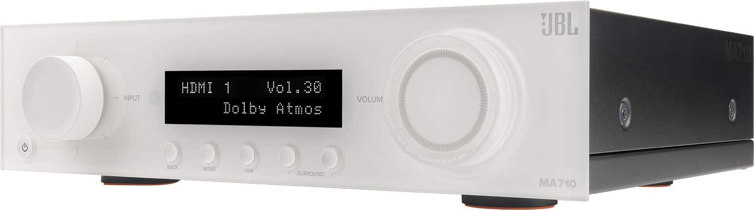 The text on the image reads: "INPUT HDMI 1 Vol.30 # 30 Dolby Atmos BACK MENU DIM { SURROUND : VOLUM beyondy) turn 9 010% = 1 Puotad Lur ojes UBL MA710 MATIO."
