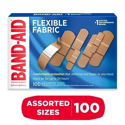 BAND-AID  
FLEXIBLE FABRIC  
Comfortable protection that stretches and flexes as you move  
Stays on for up to 24 hours  
100 ASSORTED SIZES  
1 DOCTOR RECOMMENDED BRAND  
BARDAGES  
100 ASSORTED SIZES