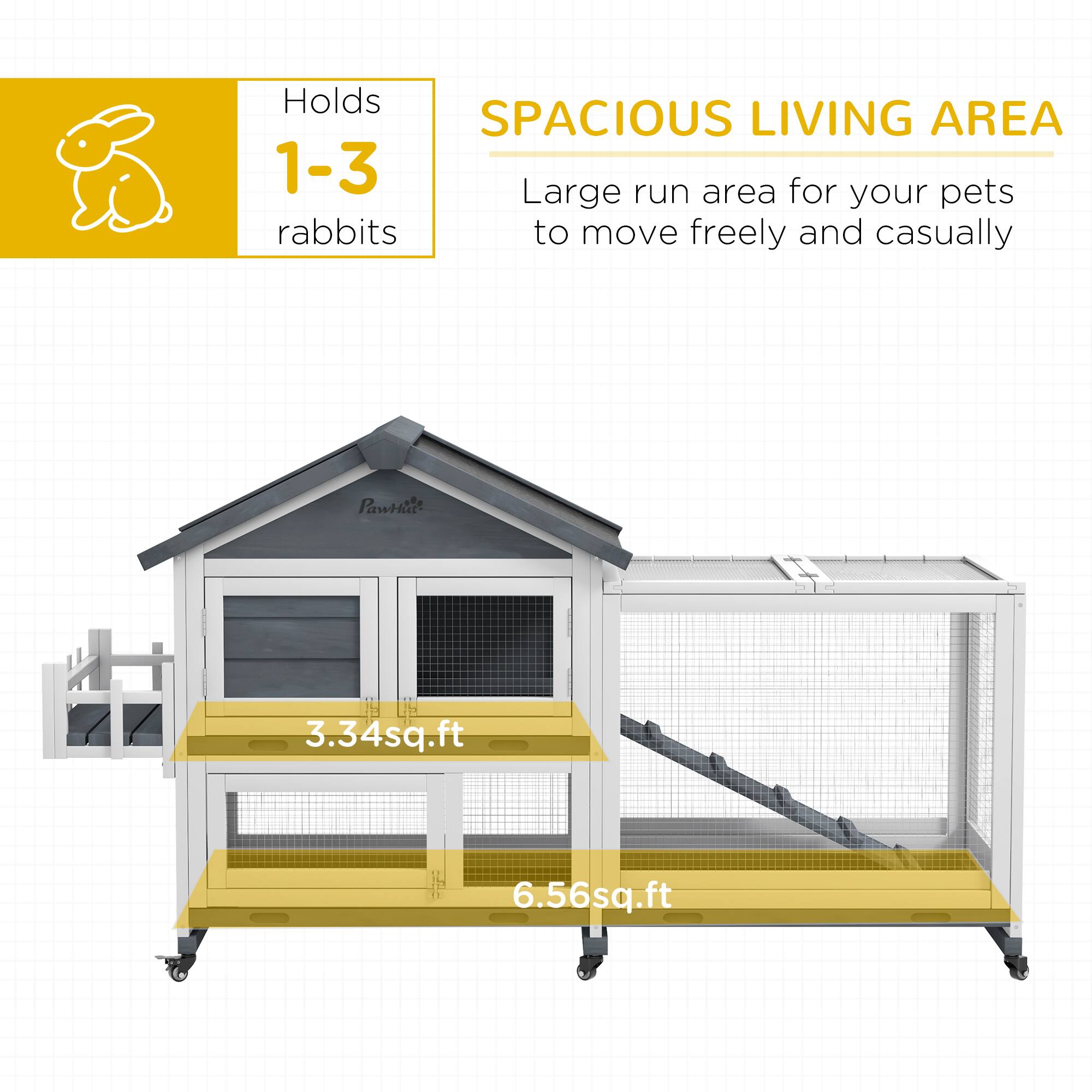 Holds 1-3 rabbits

SPACIOUS LIVING AREA
Large run area for your pets to move freely and casually

3.34 sq.ft
6.56 sq.ft