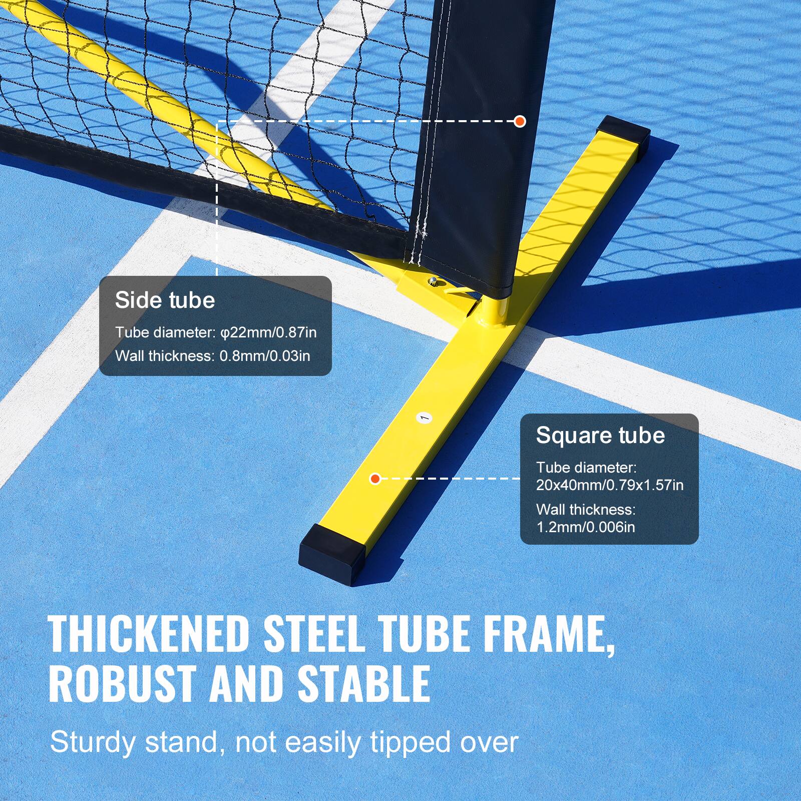 Side tube  
Tube diameter: 22mm/0.87in  
Wall thickness: 0.8mm/0.03in  

Square tube  
Tube diameter: 20x40mm/0.79x1.57in  
Wall thickness: 1.2mm/0.006in  

THICKENED STEEL TUBE FRAME, ROBUST AND STABLE  
Sturdy stand, not easily tipped over
