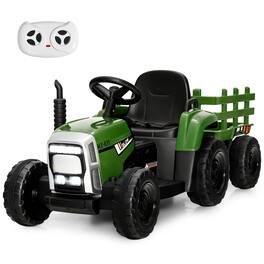 Costway - 12V Kids Ride On Tractor with Trailer Ground Loader w/ RC & Lights - Dark Green