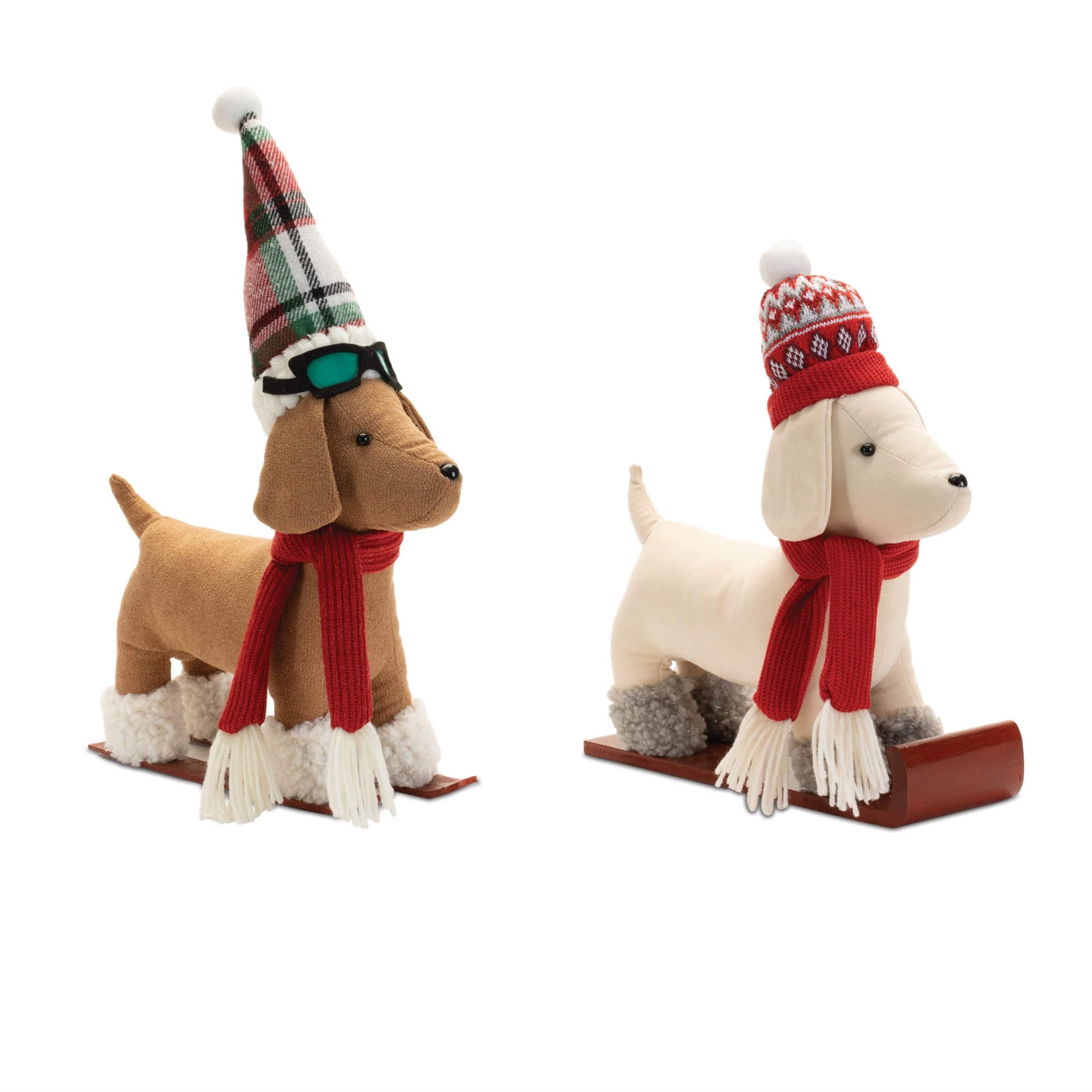 BreeBe - Plush Dog Character on Sled and Skis (Set of 2) - Red, White, Green