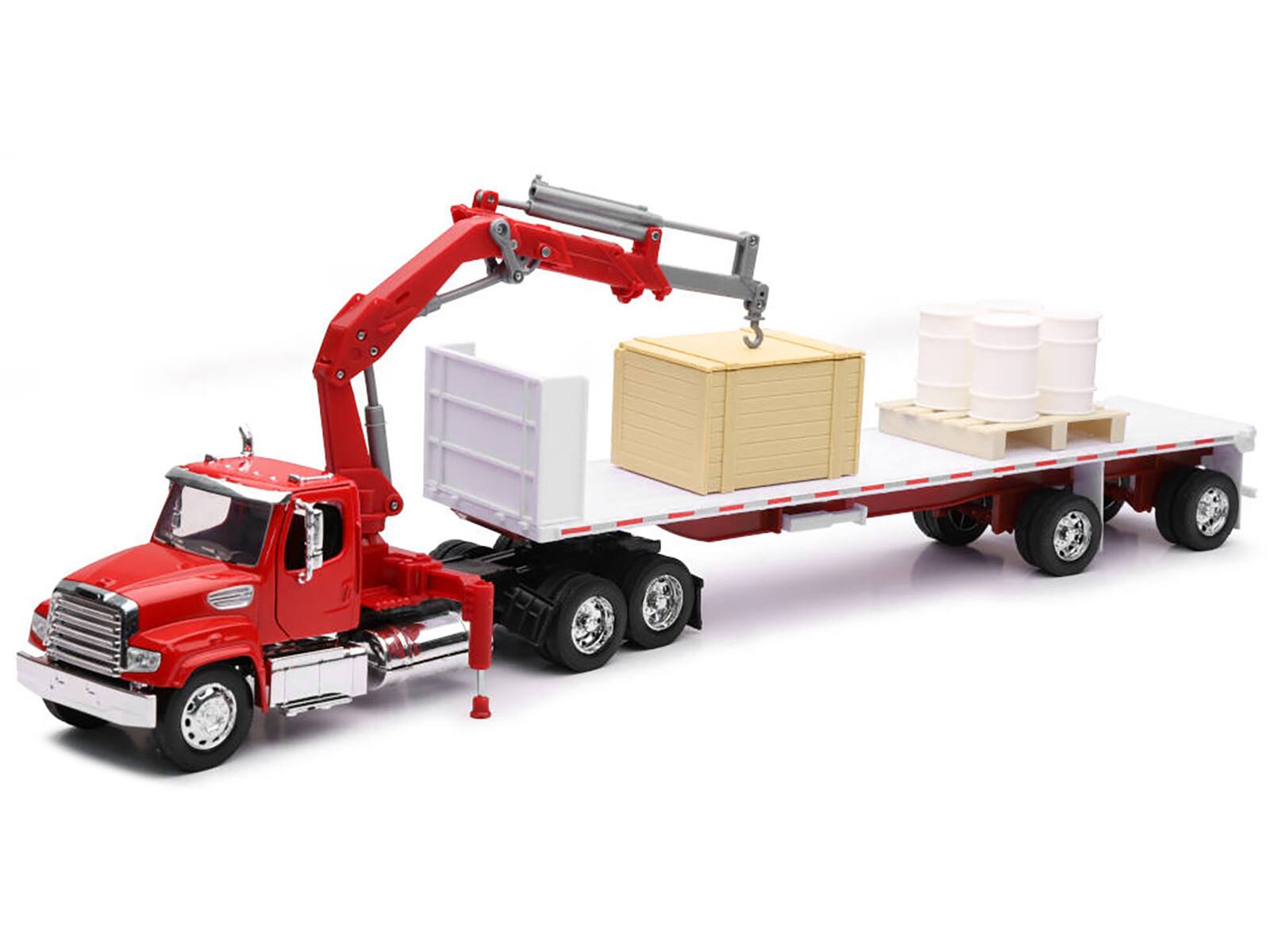 Alt View 1. New Ray - Freightliner 114SD Flatbed Truck with Crane Red w/ Accessories "Long Haul Trucker" Series 1/32 Diecast Model by New Ray.