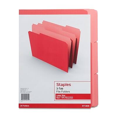 Staples  
3-Tab File Folders  
Letter Size  
Red  
10% Recycled  
24 Folders  
ST13846
