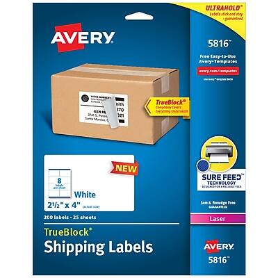 **AVERY 5816**
**ULTRAHOLD**
Labels stick and stay guaranteed
**Free Easy-to-Use Avery Templates**
avery.com/templates
**NEW**
TrueBlock
Completely Covers Everything Underneath
**SURE FEED**
NEW SURE FEED TECHNOLOGY
Jam & Smudge Free
Laser
**White**
2½" x 4"
200 labels - 25 sheets
**Shipping Labels**
**KEN R 3041**
S. Perec
Sanes Monica
c nith 170
**$21**