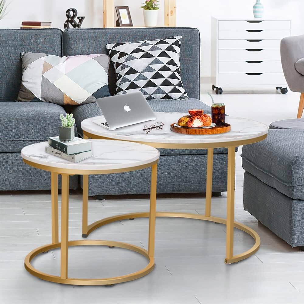 Left. JETRANSPORT - Coffee Table Nesting White Set Of 2 Side Golden Frame Circular Round And Marble Pattern Wooden Tables  Living - White Marble Engineered Wood.