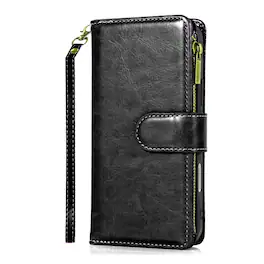Kitcheniva - PU Leather Phone Wallet Zipper With Tempered Glass For iPhone 16 Pro Max - Black