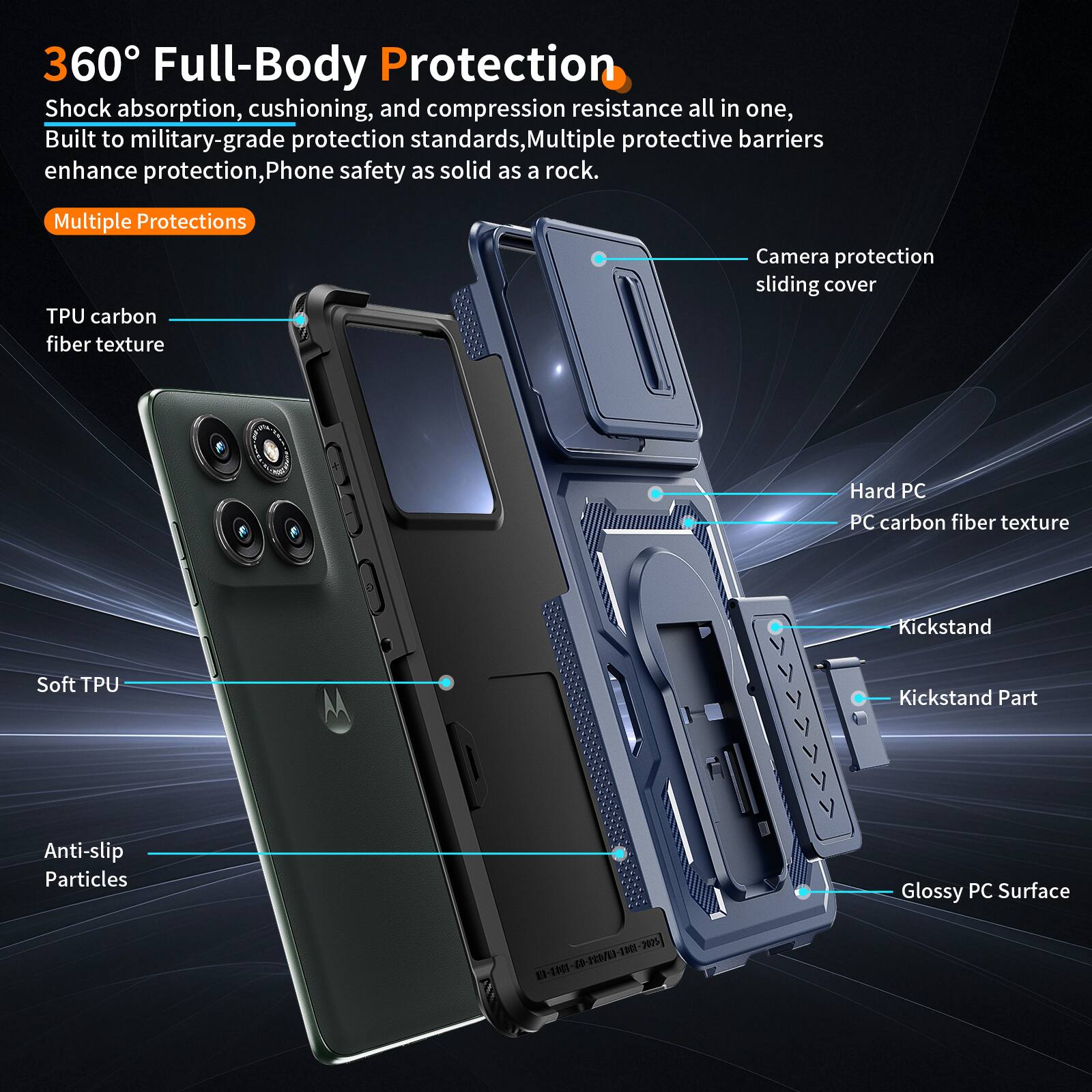 360° Full-Body Protection  
Shock absorption, cushioning, and compression resistance all in one, Built to military-grade protection standards, Multiple protective barriers enhance protection, Phone safety as solid as a rock.  

Multiple Protections  
TPU carbon fiber texture  
Camera protection sliding cover  
Soft TPU  
Anti-slip Particles  
Hard PC  
PC carbon fiber texture  
Kickstand  
Kickstand Part  
Glossy PC Surface