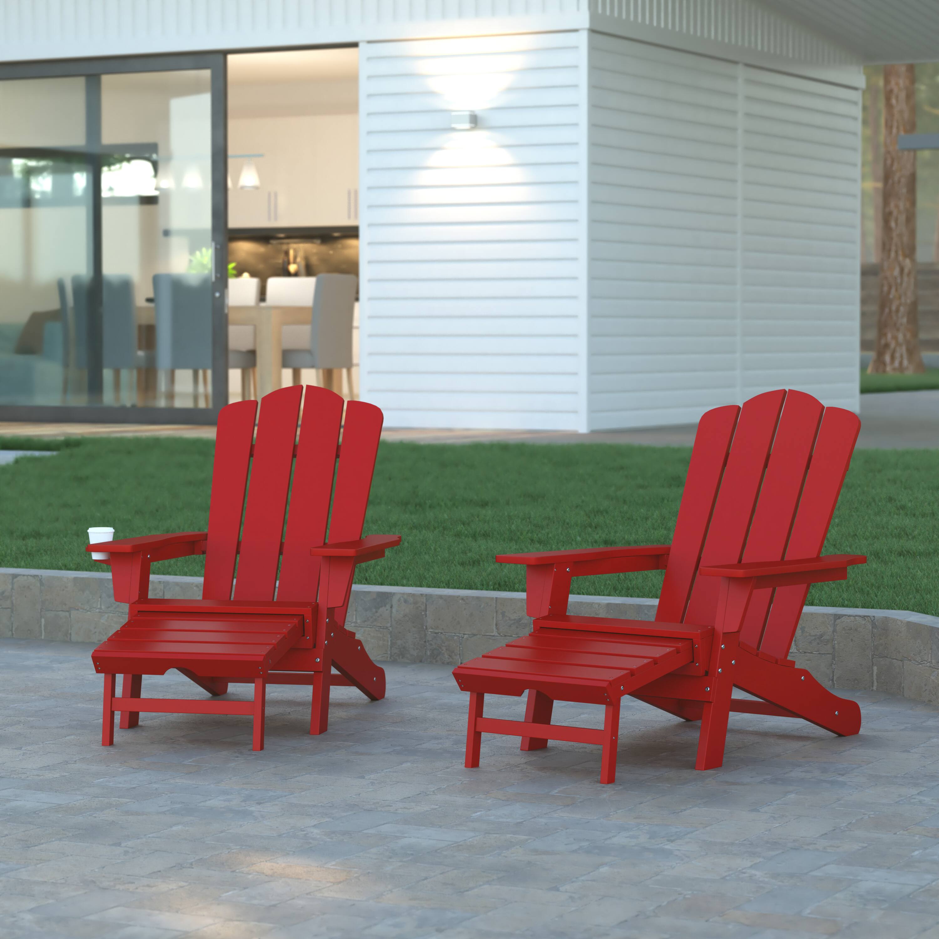 Alt View 2. Emma + Oliver - Tiverton Set of 2 Adirondack Chairs with Cup Holders and Pull Out Ottoman, All-Weather HDPE Indoor/Outdoor Lounge Chairs - Red.