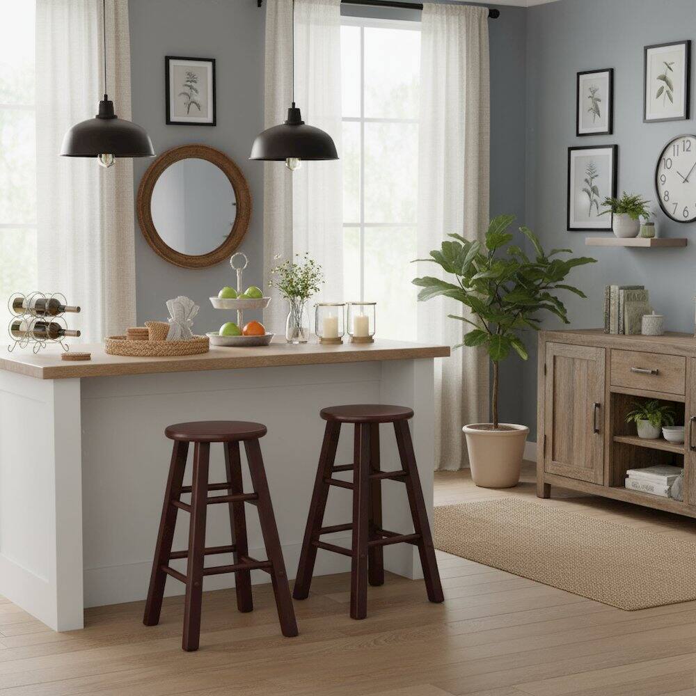 Alt View 2. FurniFact - Walnut Solid Wood Kitchen Stools Set of 2, Bar Chairs for Counter Seating - Walnut.