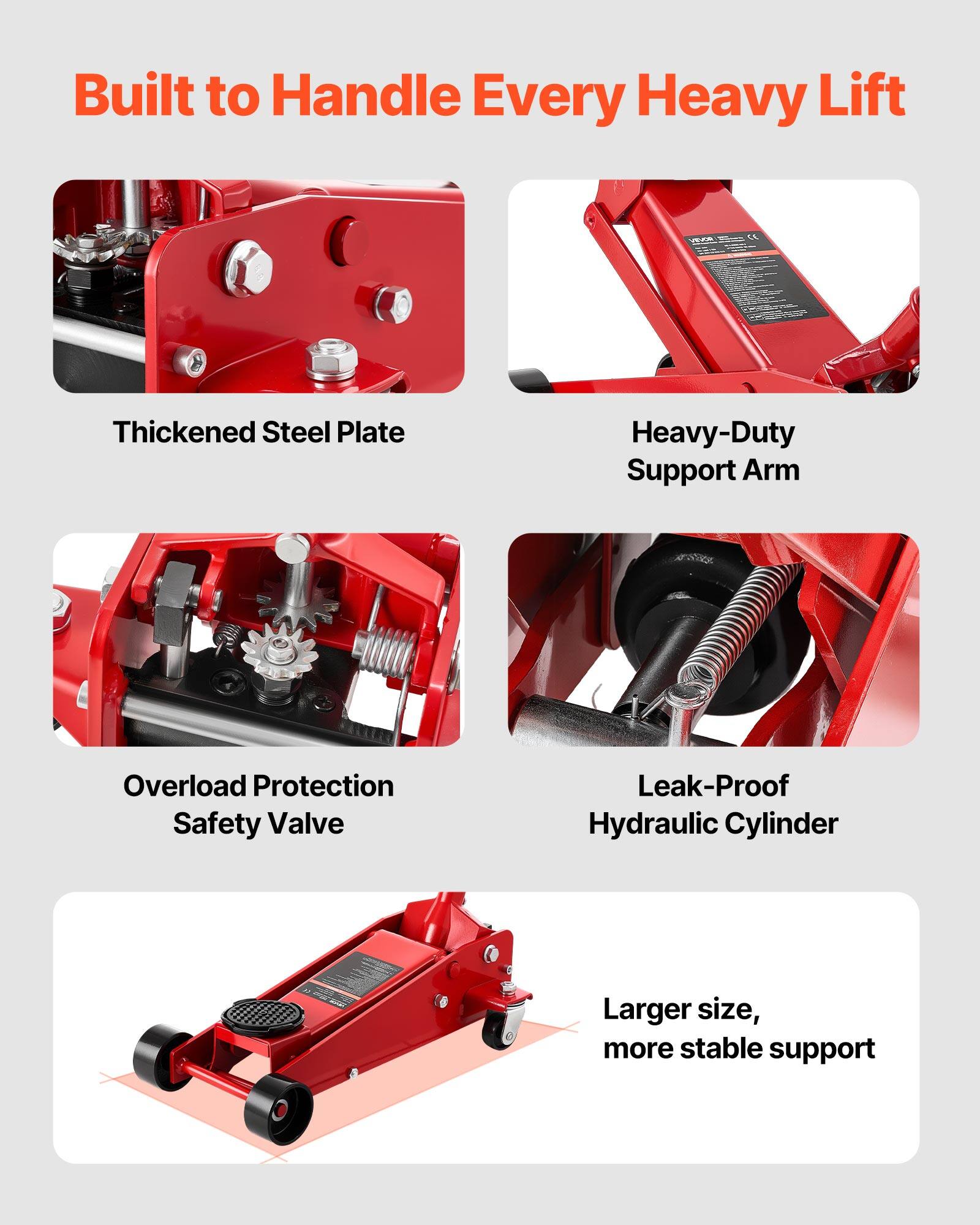 Built to Handle Every Heavy Lift

- Thickened Steel Plate
- Heavy-Duty Support Arm
- Overload Protection Safety Valve
- Leak-Proof Hydraulic Cylinder
- Larger size, more stable support