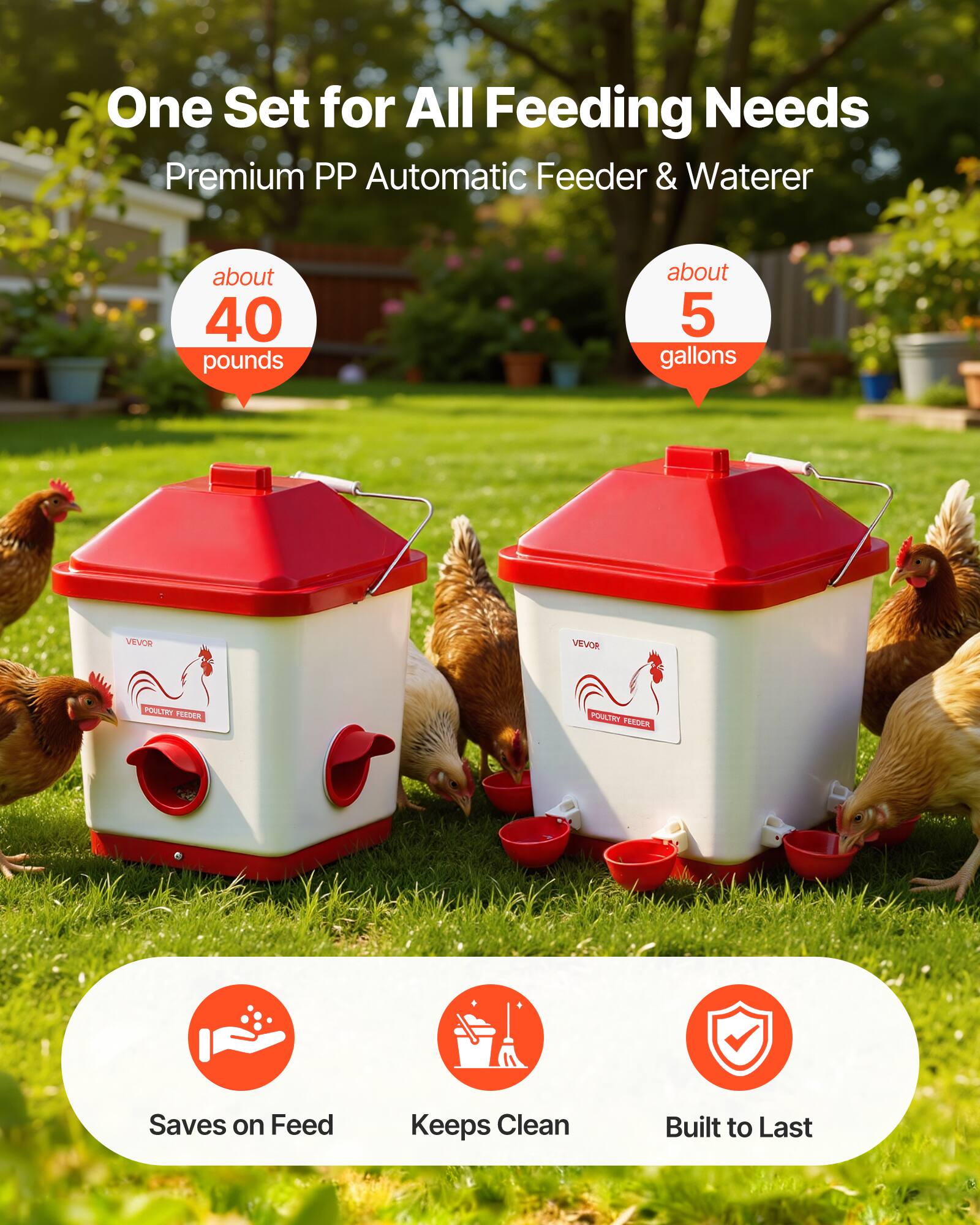 One Set for All Feeding Needs  
Premium PP Automatic Feeder & Waterer  
about 40 pounds  
about 5 gallons  
VEVOR  
POULTRY FEEDER  
Saves on Feed  
Keeps Clean  
Built to Last