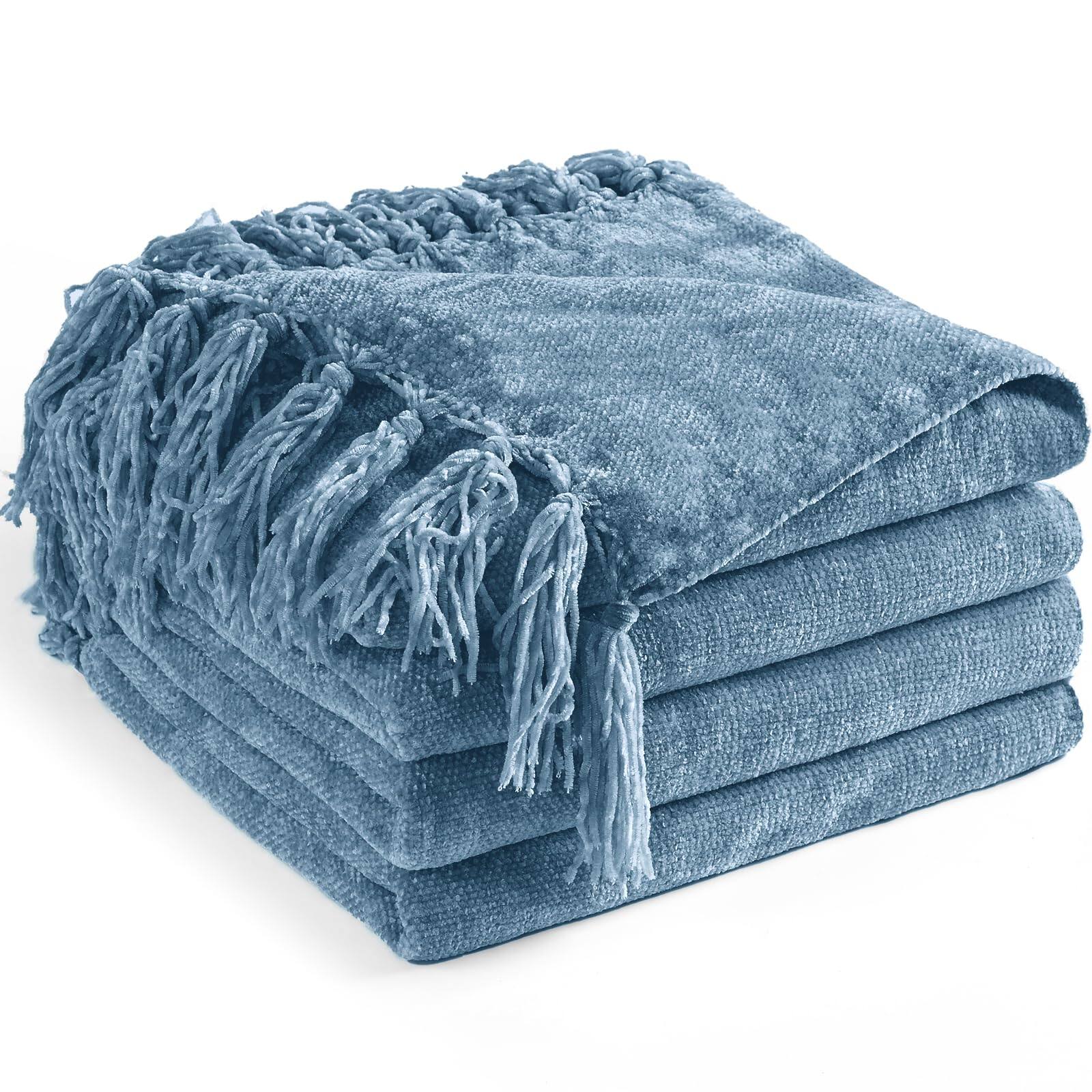 Front. Paradigms Interiors - Chenille Throw Blanket For Couch 60 x 80 Soft Cozy Throws With Fringe Tassel Bed Sofa Chair Cover Lightweig... - Dusty Blue-60x80 inch.