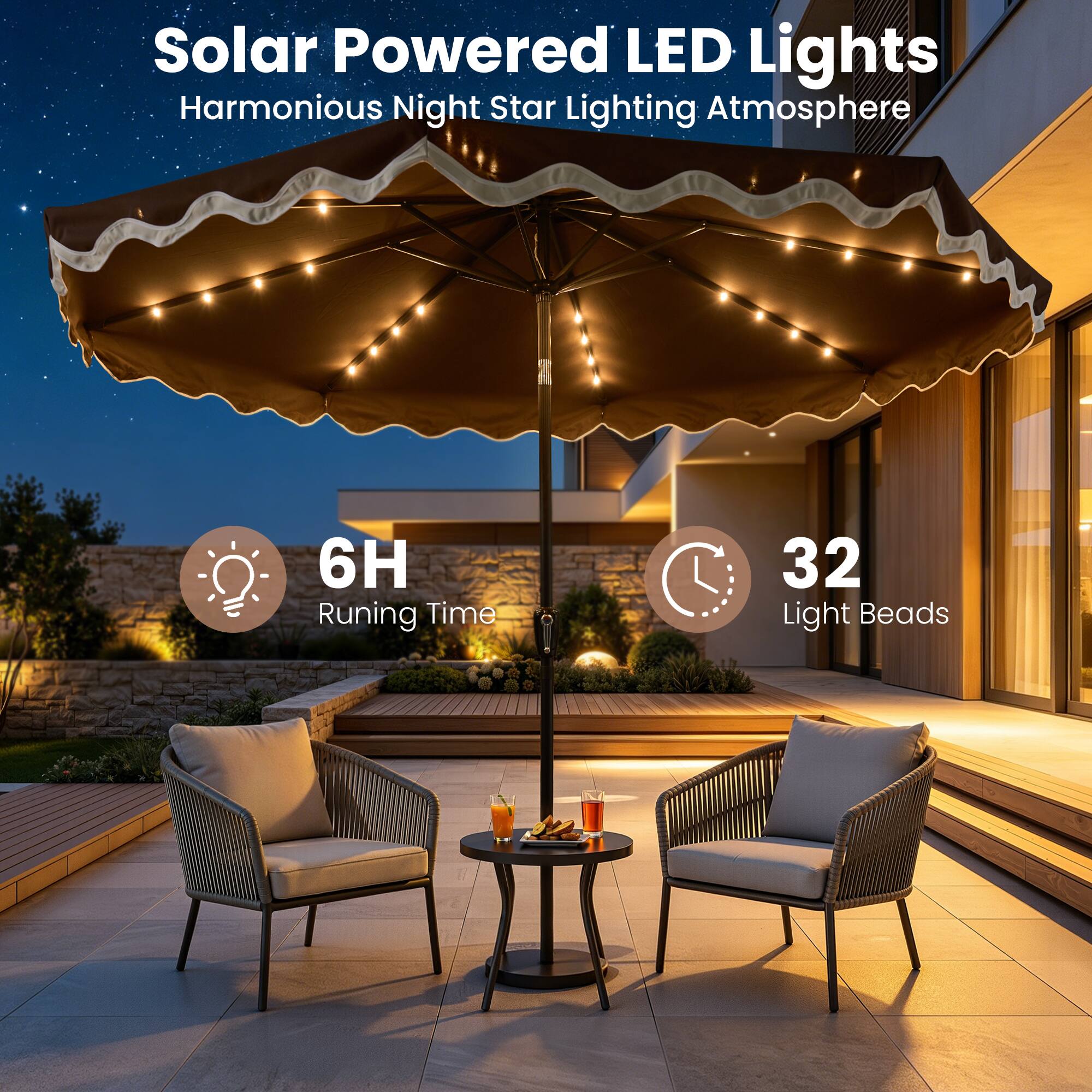 Solar Powered LED Lights  
Harmonious Night Star Lighting Atmosphere  

6H Running Time  
32 Light Beads