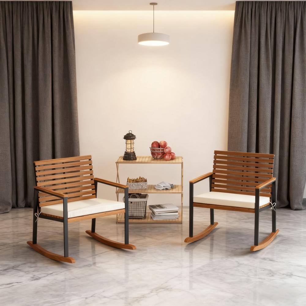 Alt View 1. Loheer - Loheer Lawn Rocking Chair Set of 2 Acacia Wood Porch Rockers with Cushions Cream White - Cream White.