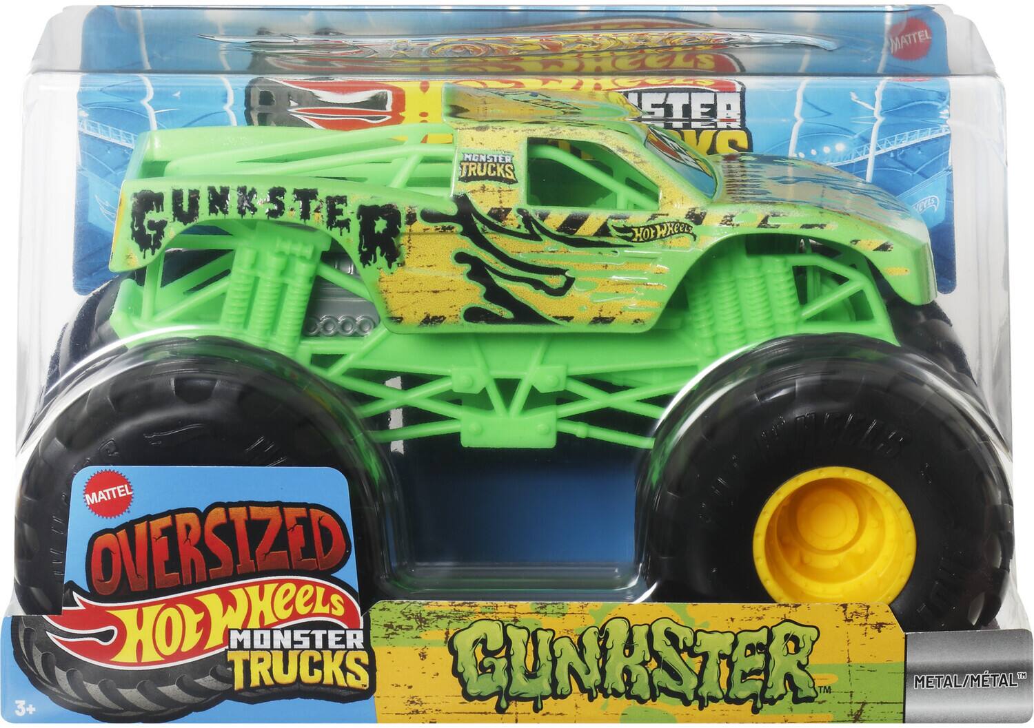SRCeLs M STEA MONSTER VQ TRUCKS GUNKSTER R HOY WHeEL MATTEL YE MATTEL OVERSIZED HOKeeLS TRUCKS MONSTER GUNKSTER METAL/MTAL TM 3+

Corrected text:
MATTEL OVERSIZED Hot Wheels MONSTER TRUCKS GUNKSTER 3+