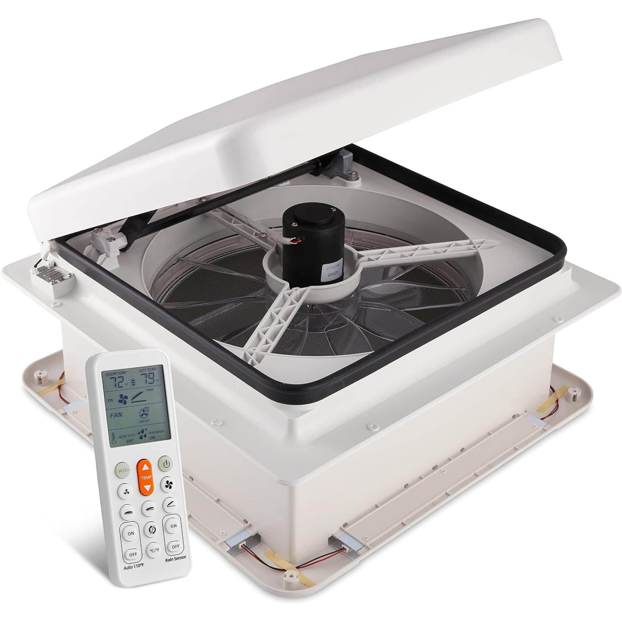 Hike Crew - 16” RV Roof Vent Fan, 12V 10-Speed RV Fan with LED Light, Rain Sensor & Remote - Lid - White