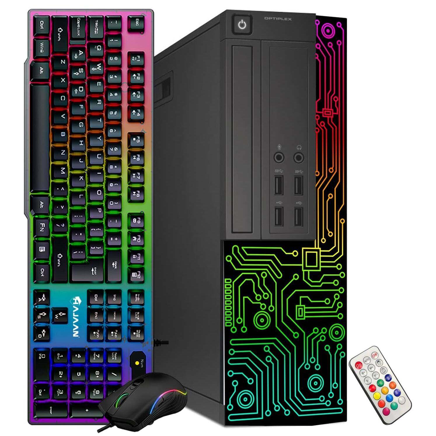 Sure, here is the corrected and grouped text from the image:

**Keyboard:**
- FANIAN
- Caps Lock
- Shift
- Ctrl
- Alt
- Fn
- Esc
- 1 2 3 4 5 6 7 8 9 0 -
- Q W E R T Y U I O P
- A S D F G H J K L ;
- Z X C V B N M , . /
- Arrow keys
- Enter
- Spacebar
- Alt Gr
- Windows
- Fn + F1 to F12

**Computer Case:**
- OPTIPLEX

**Mouse:**
- (No visible text)

**Remote Control:**
- (No visible text)

**Additional Text:**
- (No additional visible text)