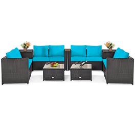Costway - 8PCS Outdoor Patio Rattan Furniture Set Cushion Loveseat Storage Table - Blue