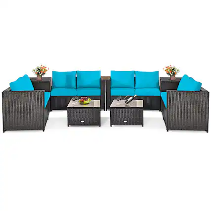 Front. Costway - Costway 8PCS Outdoor Patio Rattan Furniture Set Cushion Loveseat Storage Table - Blue.