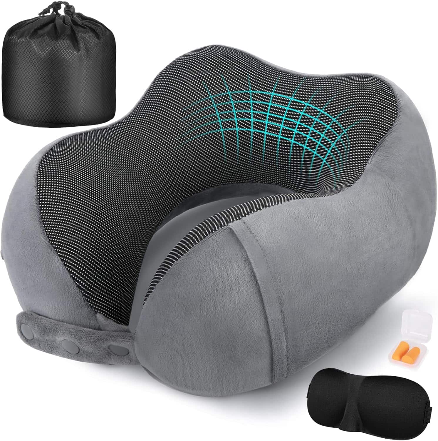 FINEAK - Adjustable Memory Foam Travel Neck Pillow for Ultimate Flight Comfort-Grey - Gray
