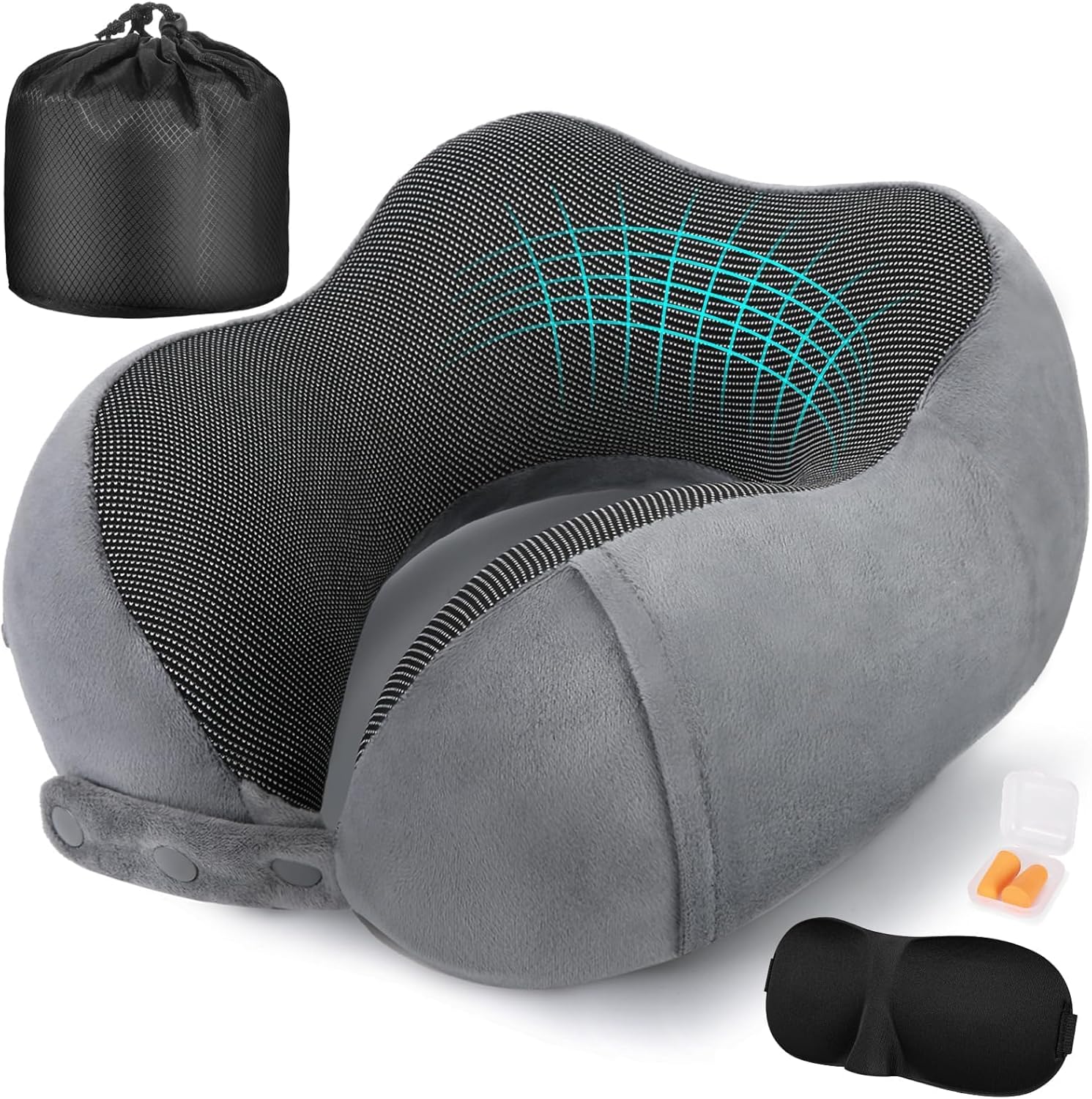 Front. FINEAK - Adjustable Memory Foam Travel Neck Pillow for Ultimate Flight Comfort-Grey - Grey.