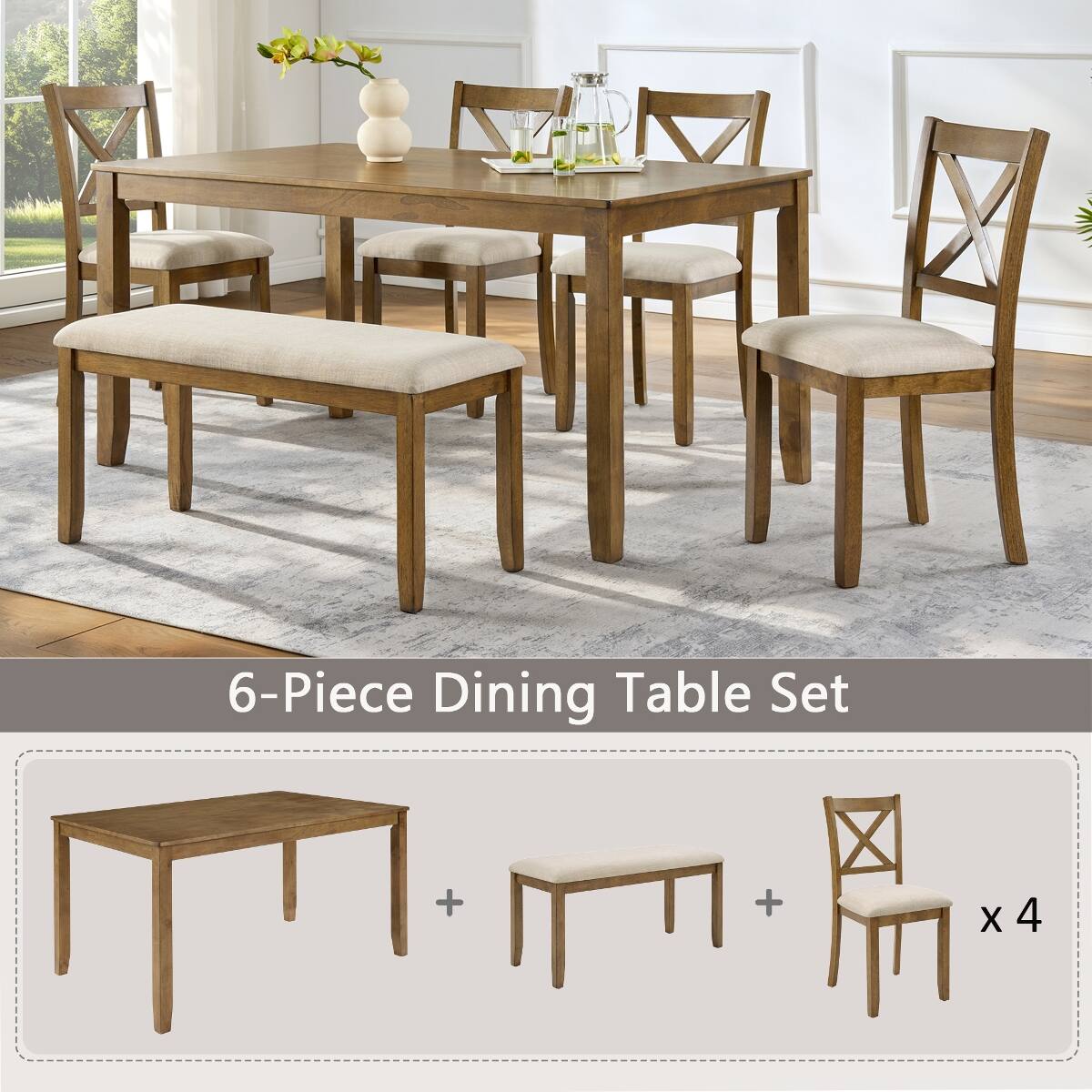 Loheer 6 Piece Dining Table Set with Bench, Finish Rectangular Table ...