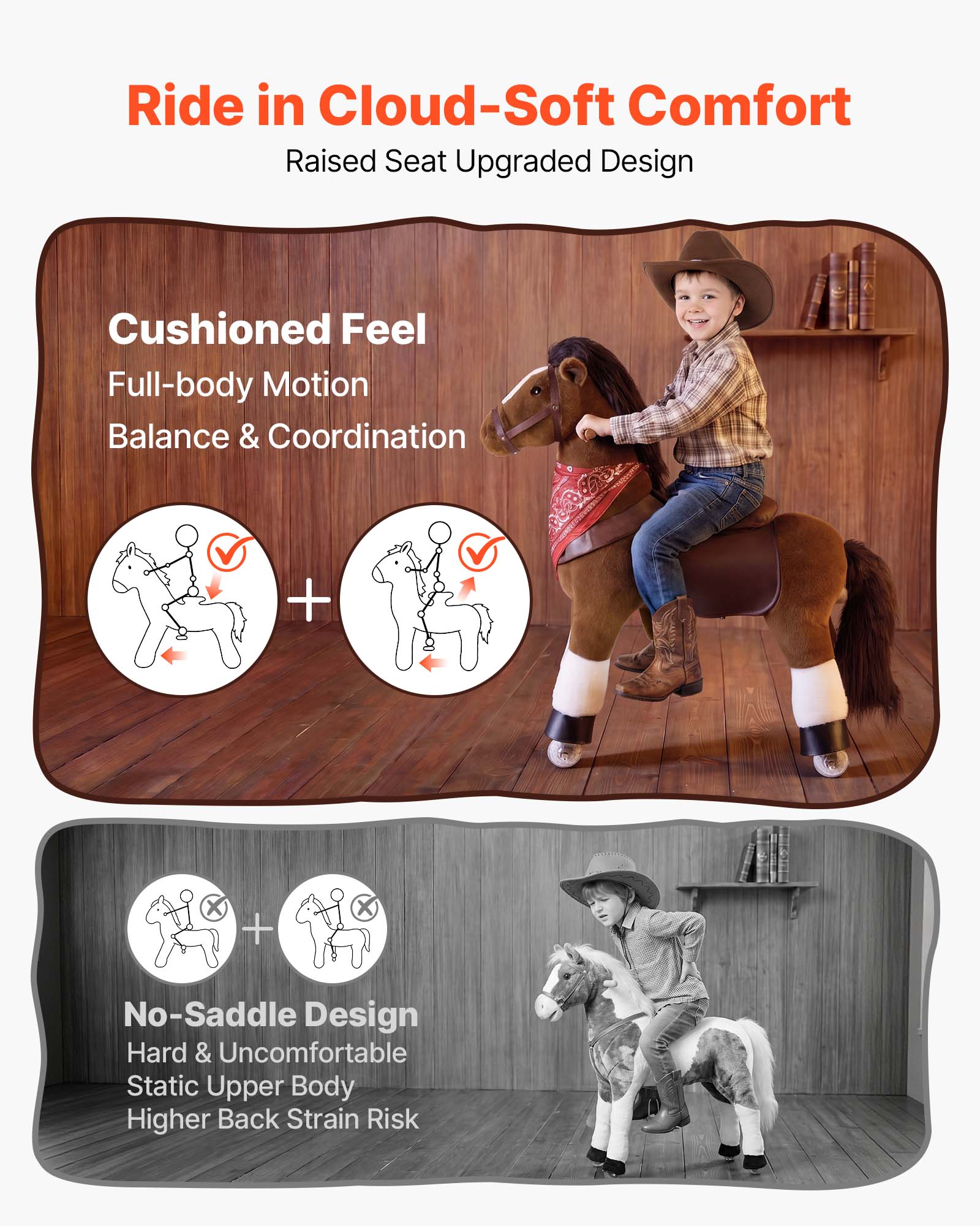 Ride in Cloud-Soft Comfort  
Raised Seat Upgraded Design  

Cushioned Feel  
Full-body Motion  
Balance & Coordination  

No-Saddle Design  
Hard & Uncomfortable  
Static Upper Body  
Higher Back Strain Risk