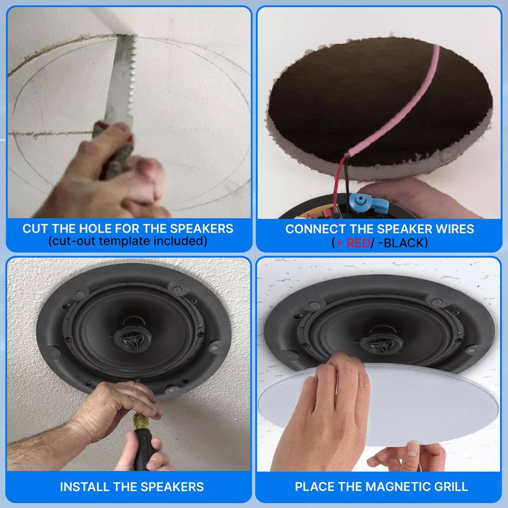 1. CUT THE HOLE FOR THE SPEAKERS (cut-out template included)
2. CONNECT THE SPEAKER WIRES (+ RED/ - BLACK)
3. INSTALL THE SPEAKERS
4. PLACE THE MAGNETIC GRILL