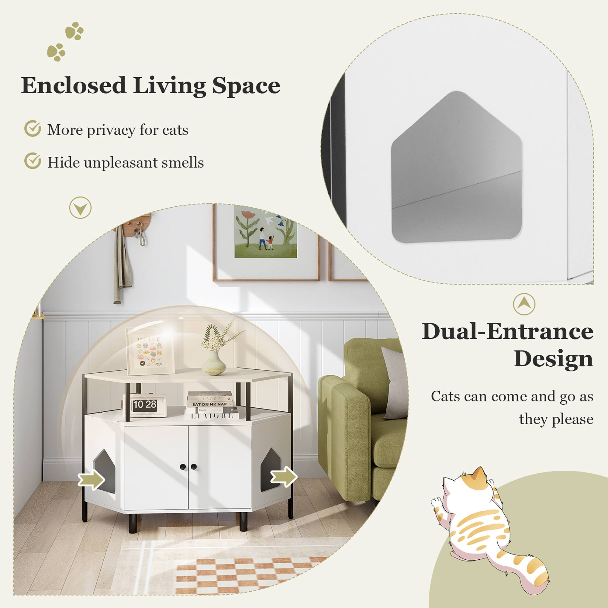 Enclosed Living Space  
- More privacy for cats  
- Hide unpleasant smells  

Dual-Entrance Design  
- Cats can come and go as they please