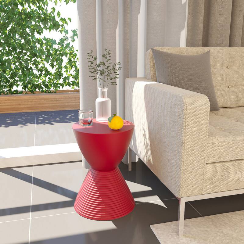 Alt View 2. LeisureMod - Boyd Modern Round Hourglass Accent Side Table, Drum Storage Table with Ribbed Base for Indoor/Outdoor - Red.