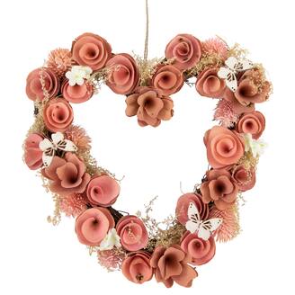 10" Pink Wooden Rose Heart Spring Wreath with Butterflies