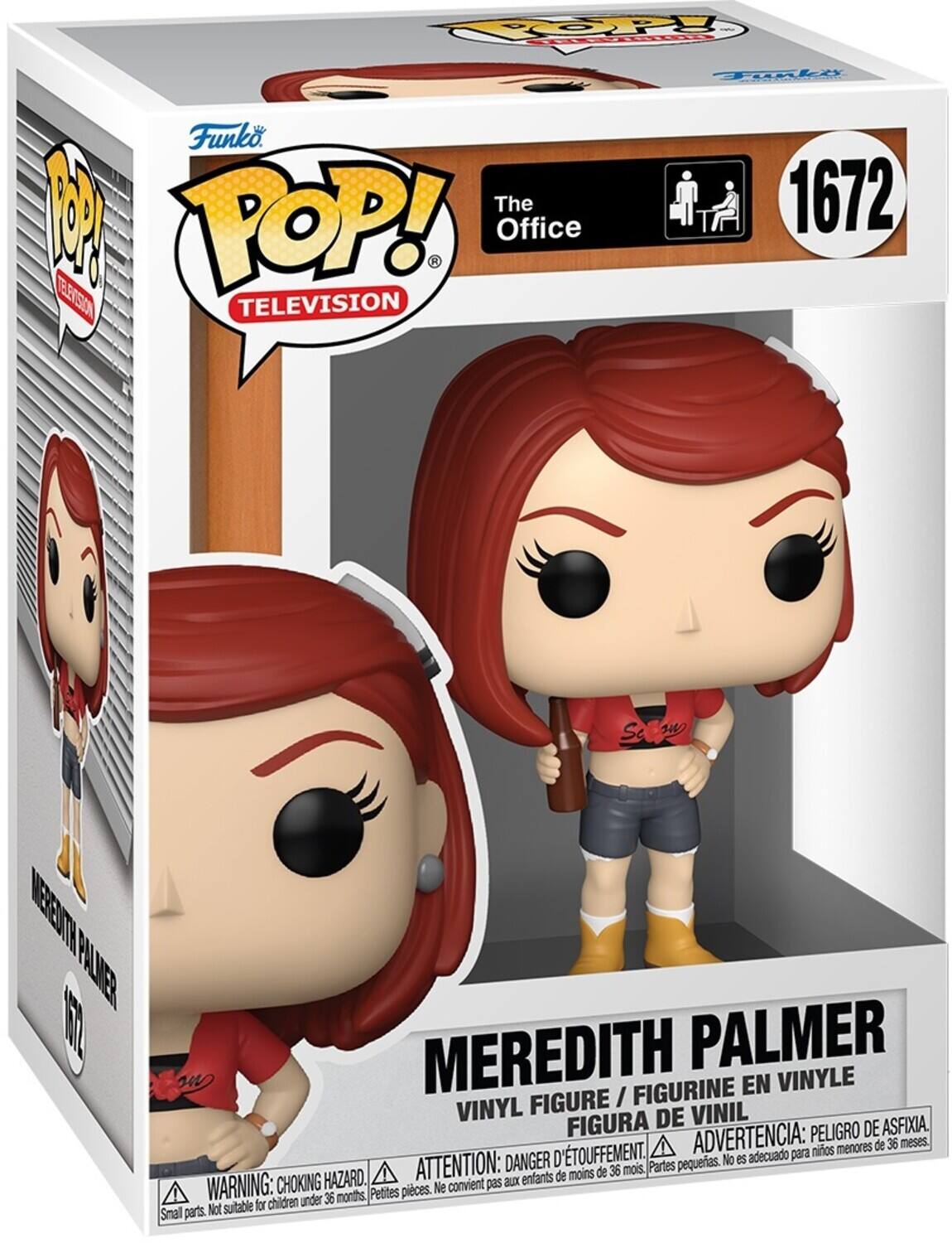 Sure, here is the corrected and grouped text from the image:

---

**Funko POP! TELEVISION**

**The Office**

**1672**

**MEREDITH PALMER**

**VINYL FIGURE / FIGURINE EN VINYLE / FIGURA DE VINIL**

**WARNING: CHOKING HAZARD. Small parts. Not suitable for children under 36 months.**

**ADVERTENCIA: PELIGRO DE ASFIXIA. No es adecuado para niños menores de 36 meses.**

**ATTENTION: DANGER D'ÉTOUFFEMENT. Ne convient pas aux enfants de moins de 36 mois.**

**Petites pièces.**

---

This text is organized to reflect the information on the packaging, including the brand, series, character, and safety warnings.