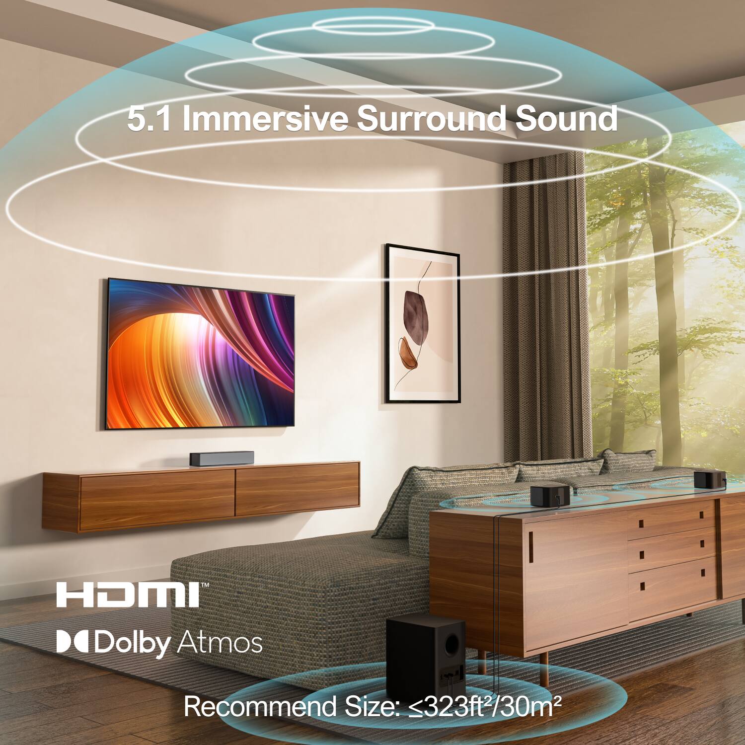 5.1 Immersive Surround Sound  
HDMI  
Dolby Atmos  
Recommend Size: ≤323ft²/30m²