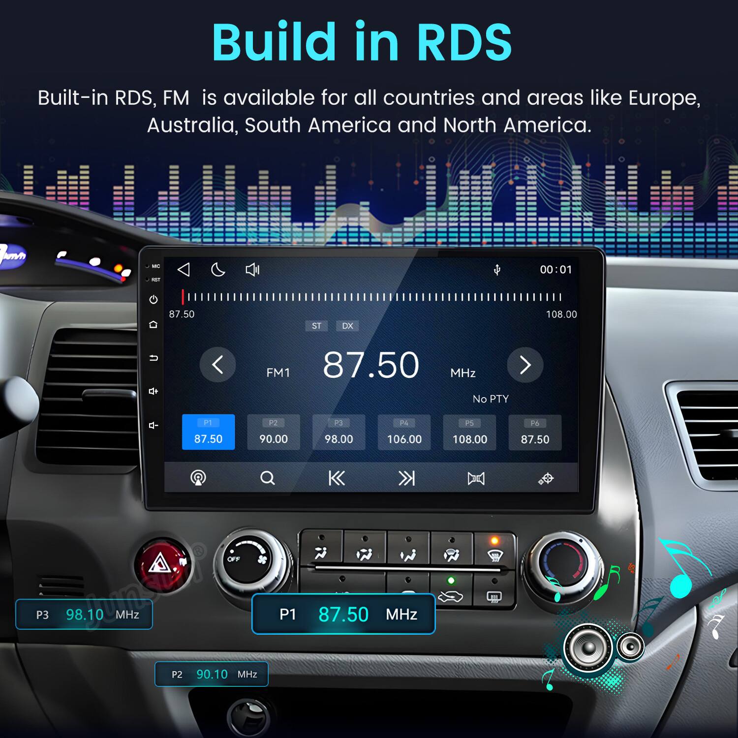 Build in RDS  
Built-in RDS, FM is available for all countries and areas like Europe, Australia, South America and North America.

VBC RST  
00:01  
87.50  
ST DX  
108.00  
FM1 87.50 MHz No PTY  
P1  
P2  
P3  
24  
PS  
P6  
87.50  
90.00  
98.00  
106.00  
108.00  
87.50  
OFF  
P3  
98.10 MHz  
P1  
87.50 MHz  
P2  
90.10 MHz