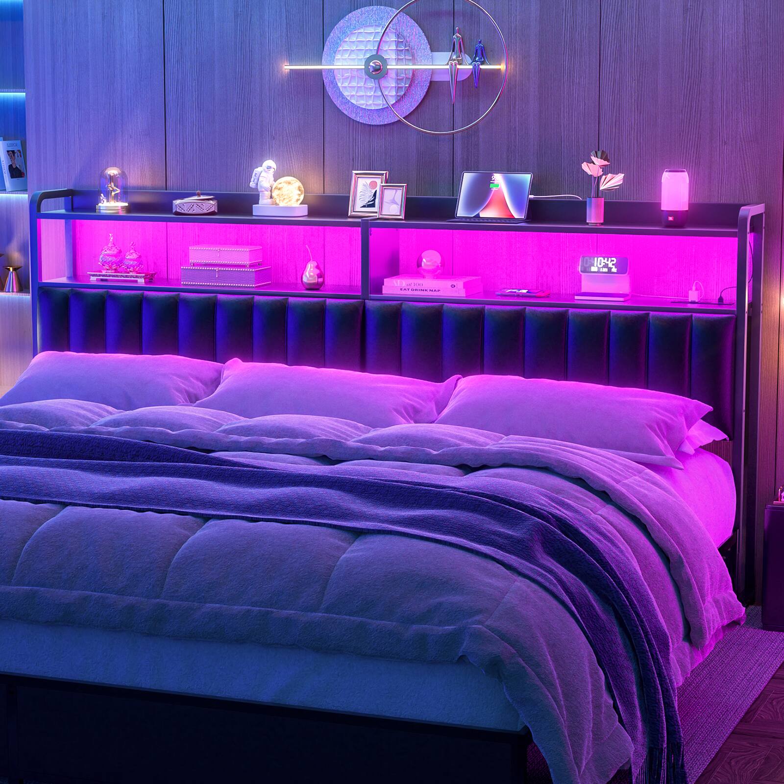 Alt View 4. Aheaplus - Upholstered Headboard for King Bed, Headboard with LED Lights and Power Outlet - Black.