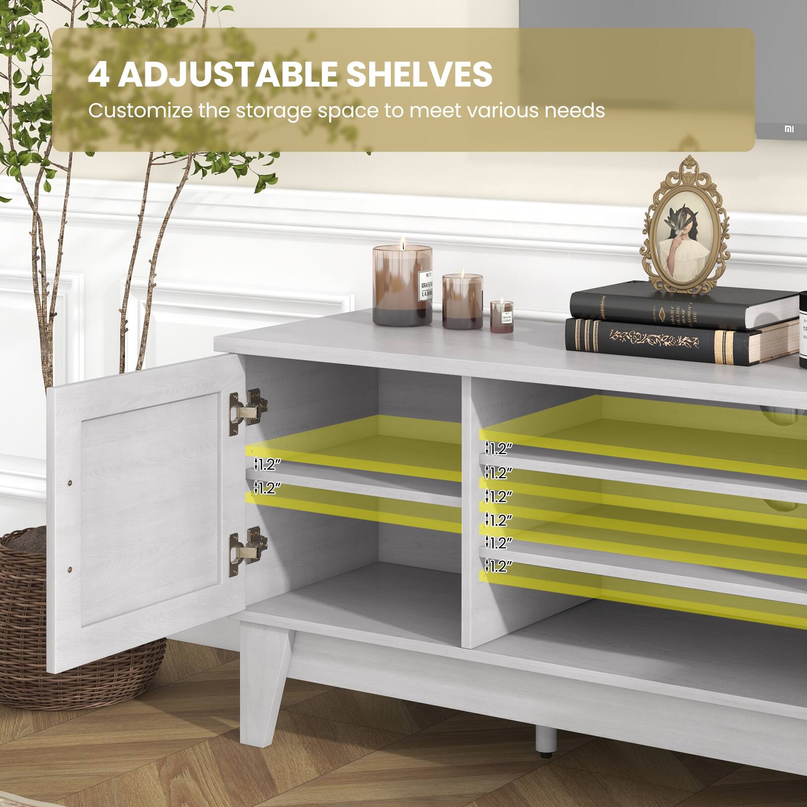 4 Adjustable Shelves  
Customize the storage space to meet various needs  

1.2"  
1.2"  
1.2"  
1.2"  
1.2"  
1.2"  
1.2"  
1.2"