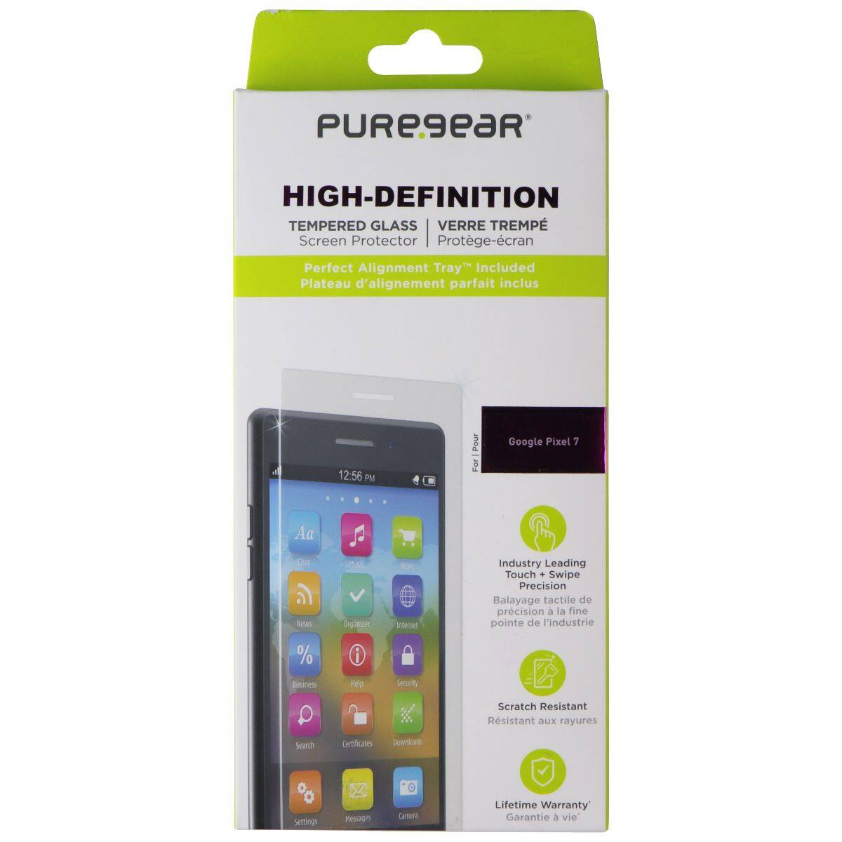 PUREGEAR HIGH-DEFINITION TEMPERED GLASS VERRE TREMPÉ Screen Protector Protège-écran Perfect Alignment Tray" Included Plateau d'alignement parfait inclus 12:56 PM Pour Google Pixel 7 Aa - Seus % Betiness DAL Ungz i Hep Sue Internet Security Industry Leading Touch + Swipe Precision Balayage tactile de précision à la fine pointe de l'industrie Scratch Resistant Résistant aux rayures Search Certificates Downloads Settings Messages Canera Lifetime Warranty Garantie à vie