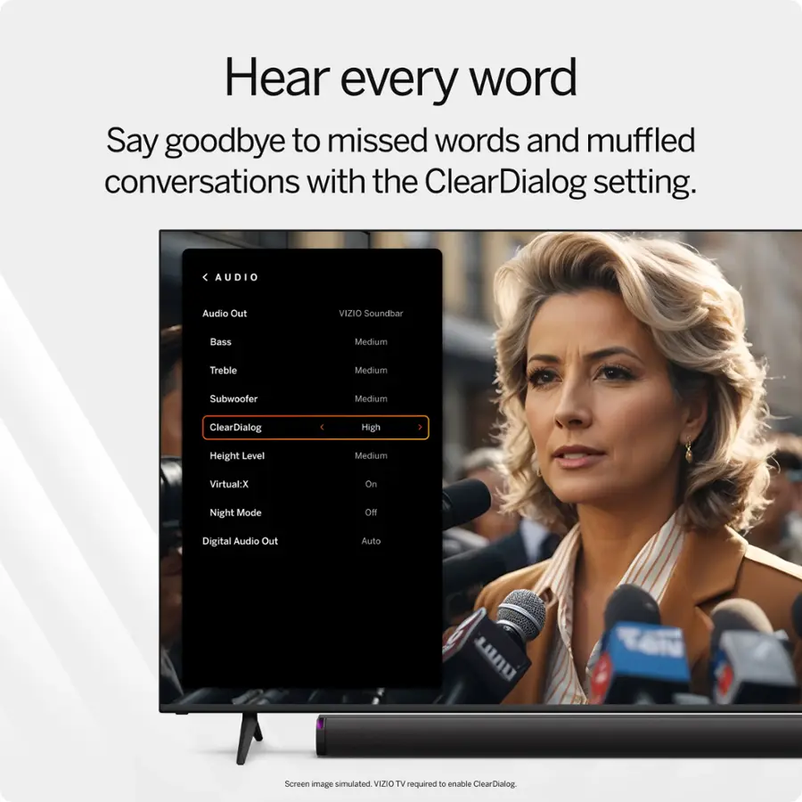 Hear every word with the ClearDialog setting. Say goodbye to missed words and muffled conversations. The ClearDialog setting is available on Vizio TVs and requires a Vizio TV to enable. It offers different audio options such as Bass, Treble, and Subwoofer, as well as a Night Mode and a Virtual:X feature. The audio output can be set to Auto, Digital Audio Out, or Screen image simulated.