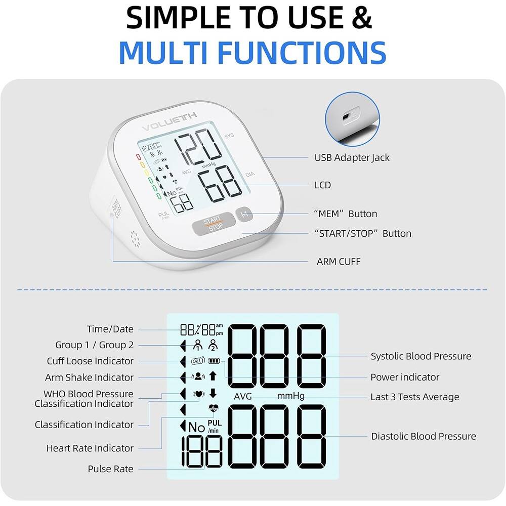 Sure, here is the corrected and grouped text from the image:

---

**SIMPLE TO USE & MULTI FUNCTIONS**

- **VOLUETTH SYS 2001SI**
- **USB Adapter Jack**
- **LCD**
- **"MEM" Button**
- **"START/STOP" Button**
- **ARM CUFF**

**Features:**
- **Time/Date**
- **Group 1 / Group 2**
- **Cuff Loose Indicator**
- **Arm Shake Indicator**
- **WHO Blood Pressure Classification Indicator**
- **Classification Indicator**
- **Heart Rate Indicator**
- **Pulse Rate**

**Indicators:**
- **Systolic Blood Pressure**
- **Diastolic Blood Pressure**
- **Power indicator**
- **Last 3 Tests Average**

**Buttons:**
- **START/STOP**

**Display:**
- **Systolic Blood Pressure (mmHg)**
- **Diastolic Blood Pressure (mmHg)**
- **Average (AVG)**
- **Pulse Rate (PUL)**
- **Time/Date (08/08 am/pm)**

---
