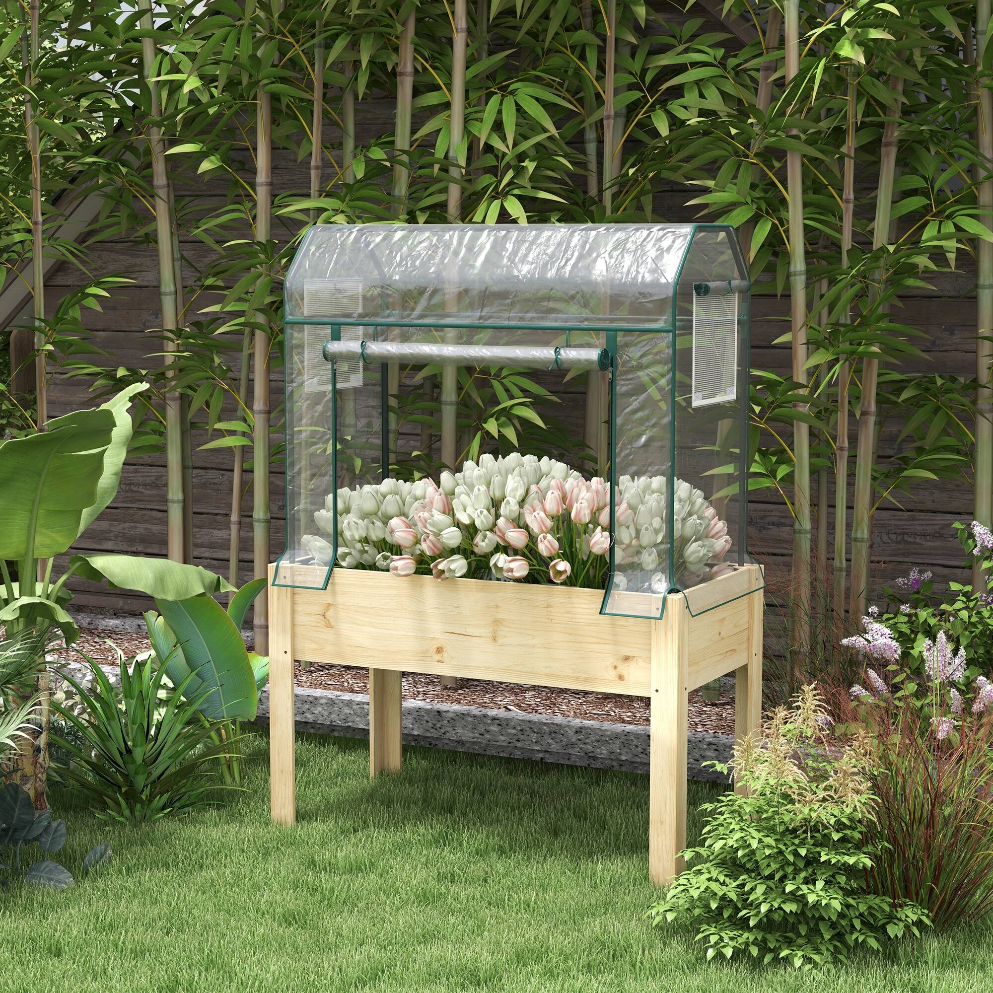 Alt View 1. Outsunny - Raised Garden Bed with Plastic Greenhouse Cover and Bed Liner, Outdoor Elevated Wood Planter Box.