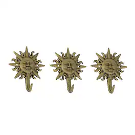 Zeckos - Set of 3 Cast Iron Sun Face Decorative Wall Hooks Towel Coat Hanger Rack - Gold