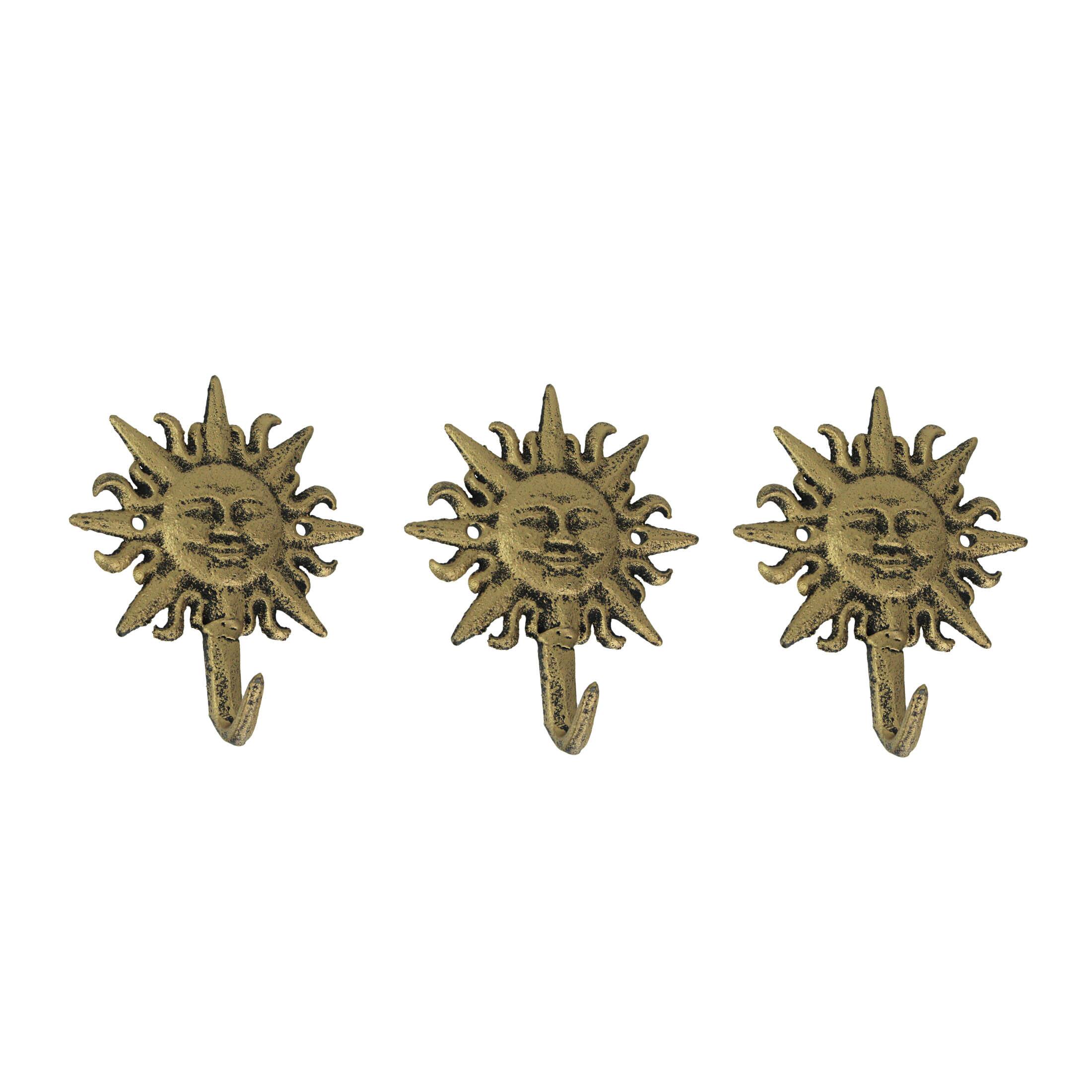 Front. Zeckos - Set of 3 Cast Iron Gold Sun Face Decorative Wall Hooks Towel Coat Hanger Rack - Gold.