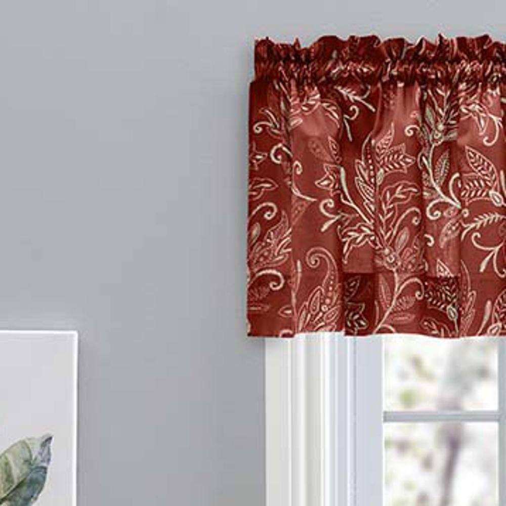 Left. Ellis Curtain - Ellis Curtain Lexington Leaf Pattern on Colored Ground Tailored Valance 58"x15" Brick - Brick.
