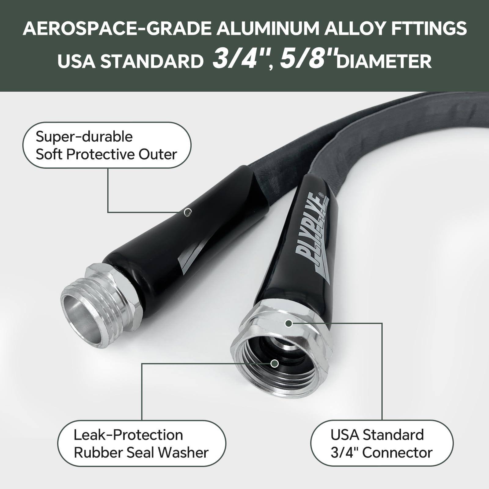 Aerospace-Grade Aluminum Alloy Fittings  
USA Standard 3/4", 5/8" Diameter  

- Super-durable Soft Protective Outer  
- Leak-Protection Rubber Seal Washer  
- USA Standard 3/4" Connector